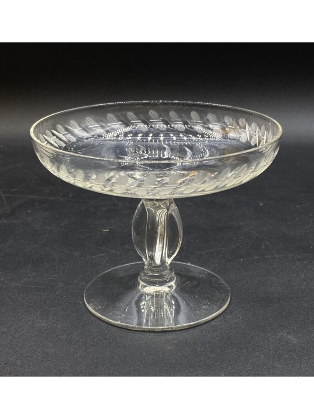 Antique Pedestal Footed Stem Tazza Compote Crystal Etched Design 3.5” X 4.5”